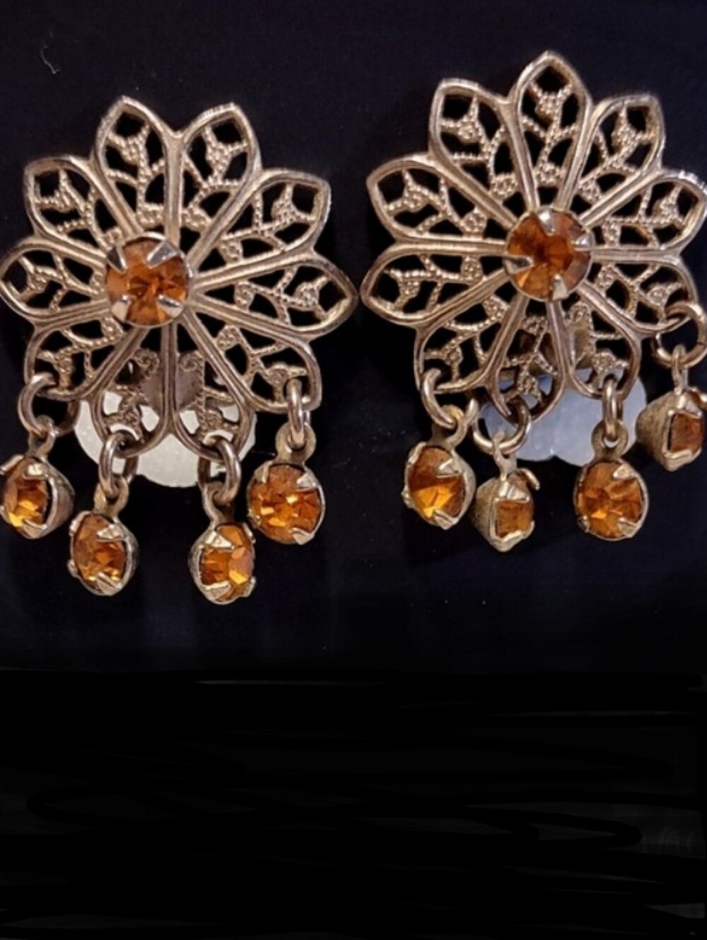 Vintage Gold Topaz Colored Amber Rhinestone Open-work Clip Earrings